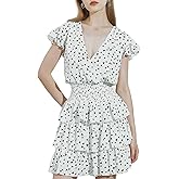 SIXDO Womens 2025 Mini Dresses Floral Ruffle High Neck Short Butterfly Sleeve Flowy Swing Casual Summer Dresses Wear White