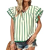 Tankaneo Womens Ruffle Short Sleeve Blouse V Neck Striped Pleated Trim Shirts Summer Casual Loose Fit Tops