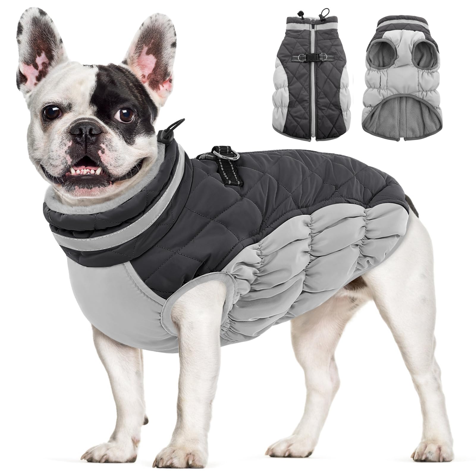 AOFITEE Dog Coat, Warm Dog Jackets for Small Dogs, Dogs Winter Coat with Harness Built in, Reflective Pet Winter Jacket, Waterproof Windproof Puppy Puffer Jacket Fleece Vest, Grey XS