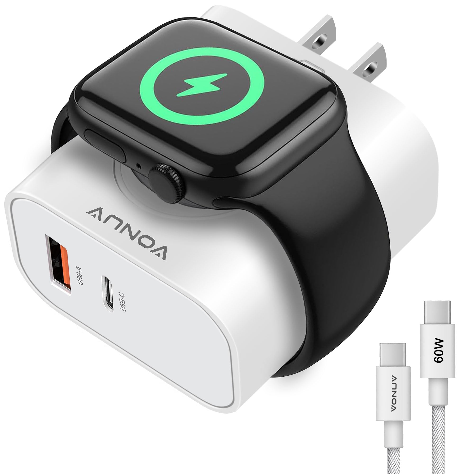 3-in-1 Adapter for Apple Watch, 20W USB C Fast Charging Block with Dual Ports & Magnetic Wireless Adapter, Portable Travel Wall Plug for iWatch Ultra/SE/10/9/8/7/6, iPhone 16/15/14/13, AirPods