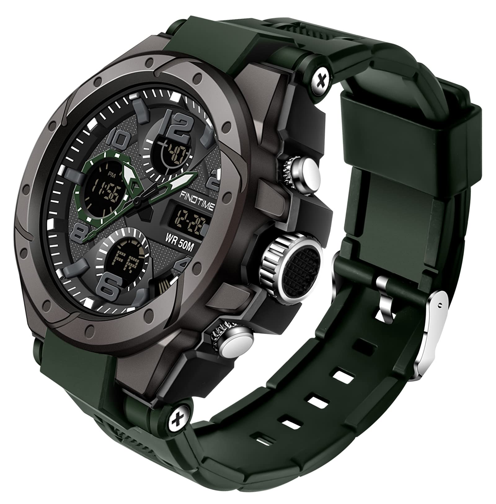 findtime Men's Military Tactical Sports Watches Large Face Alarm Stopwatch Dual Time LED Backlight Waterproof Wristwatch Outdoor Digital Analog Multifunctional Watch for Men