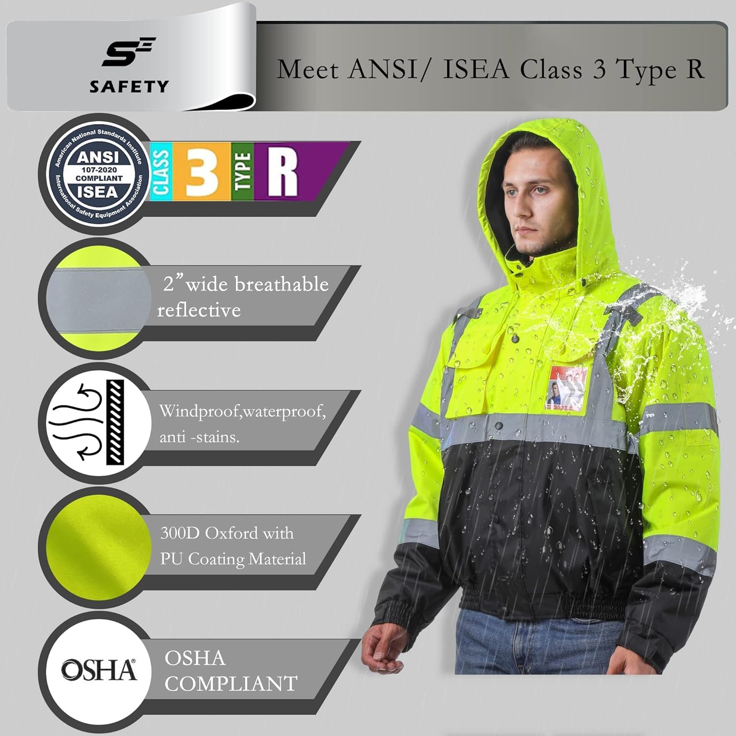 sesafety Reflective Jacket for Men, High Visibility Jackets, Safety Jackets for Men, Hi Vis Construction Bomber Jackets Waterproof with Pockets and Zipper, Black Bottom, Class 3