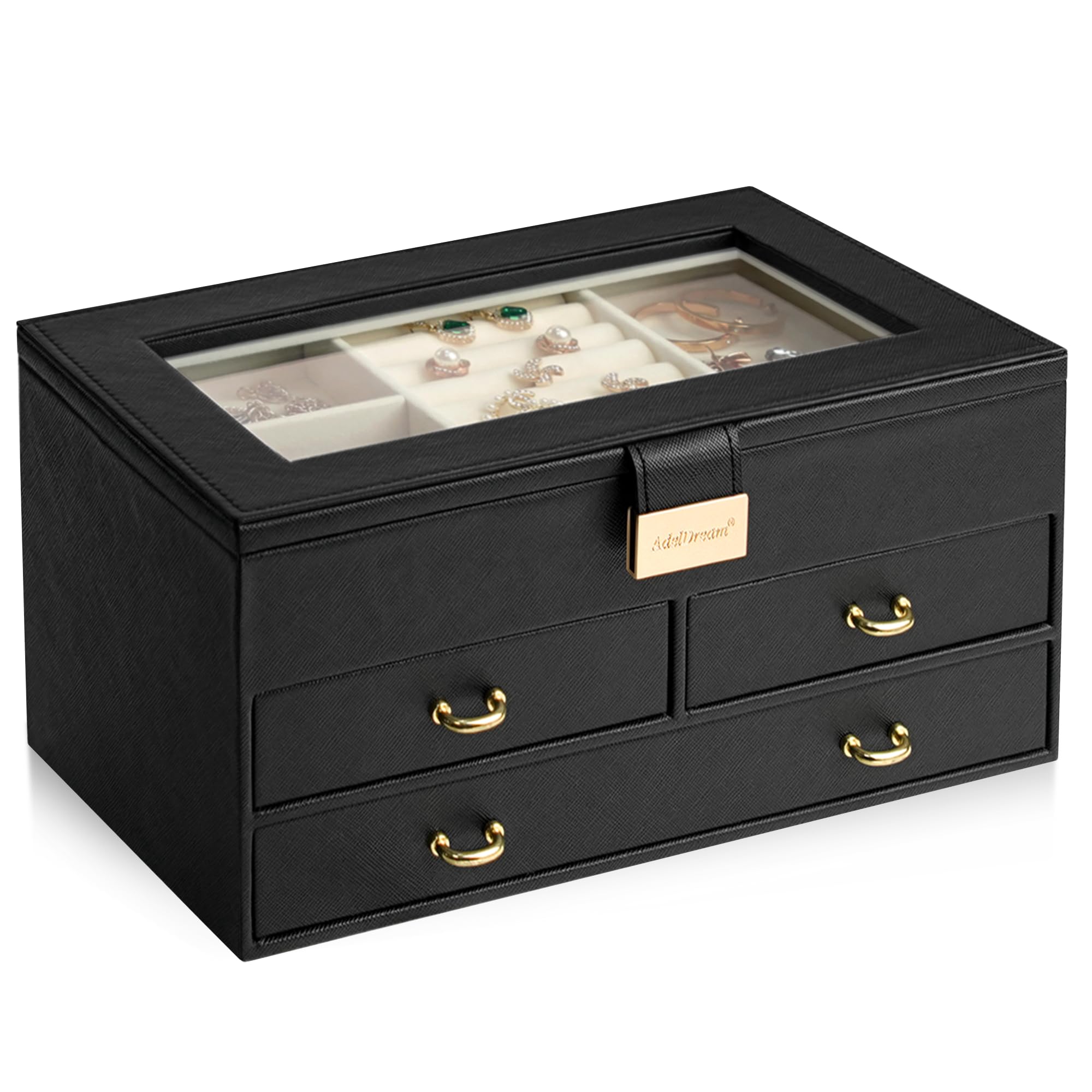 ADEL DREAM Jewellery Box, with 2 Drawers, Polyurethane (PU) Leather, Jewellery Storage, for Rings, Bracelets, Earrings, Velvet Lining, 27x16x12 cm, Black