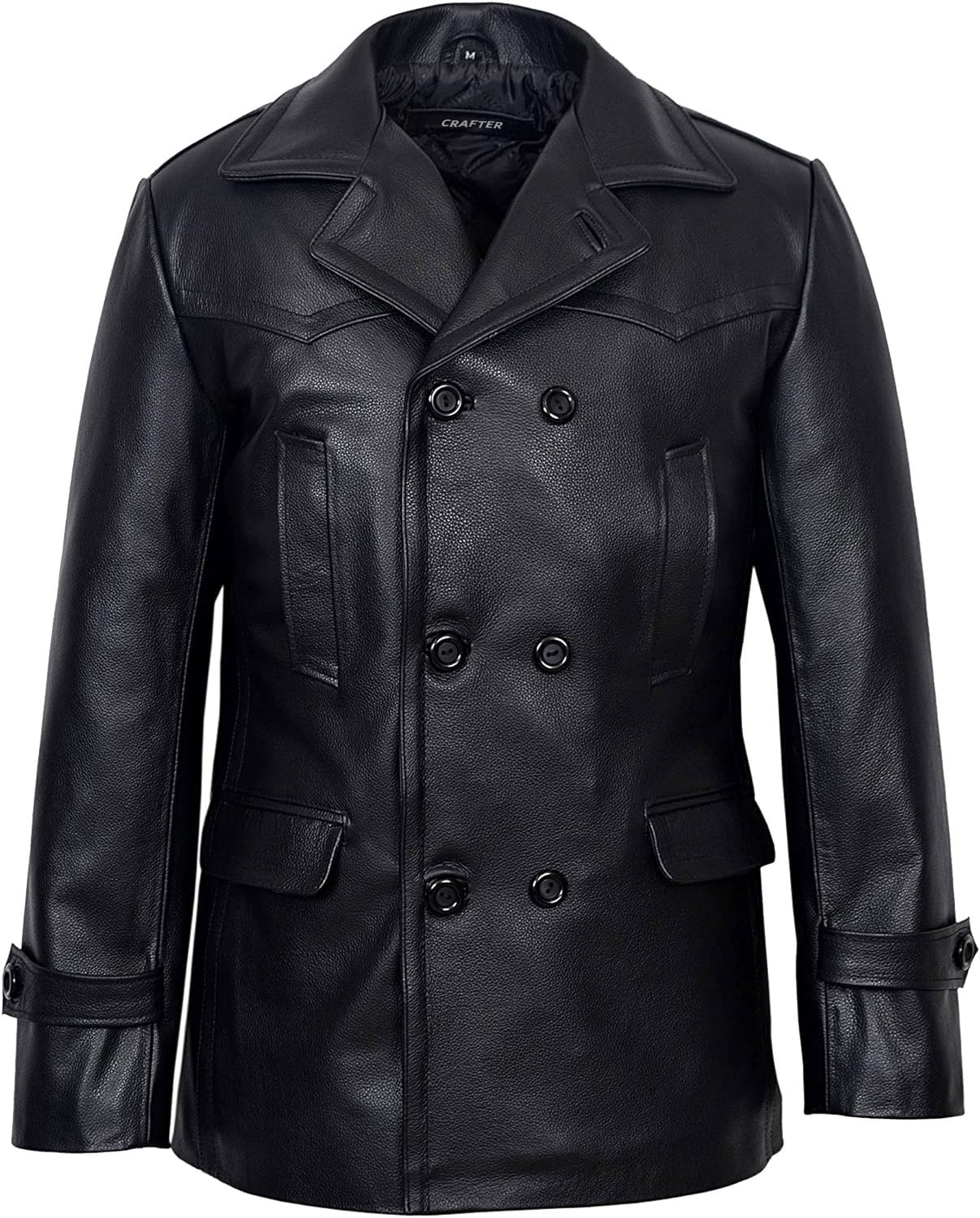 Photo 1 of Men's Kriegsmarine German Ww2 Dr Who Reefer Hide Leather Jacket Coat Four Button Leather Car Coat - Pea Coat for Mens (US, Alpha, Medium, Regular, Regular, Black)