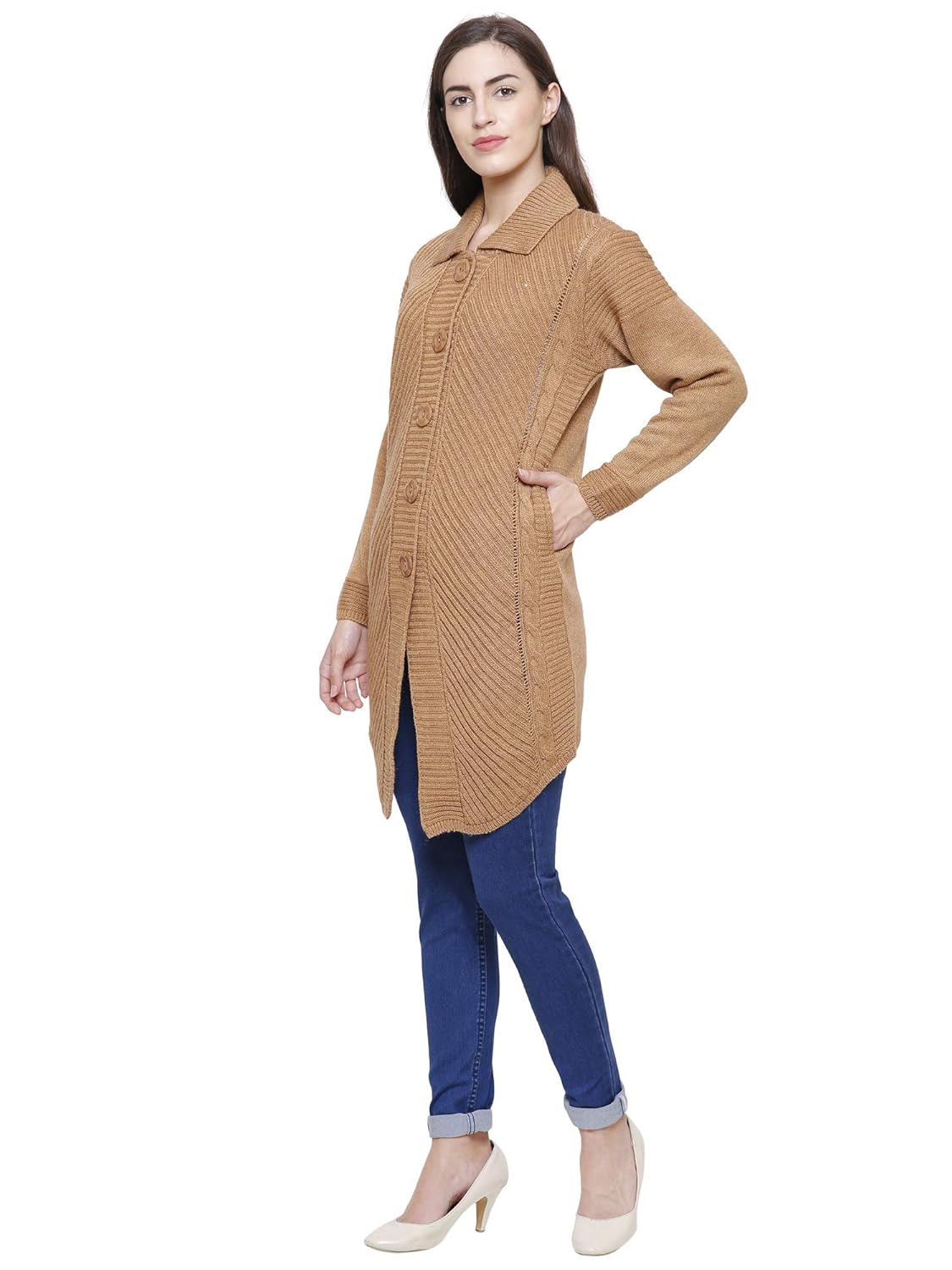 rebecca woolen long button cardigan coat for women