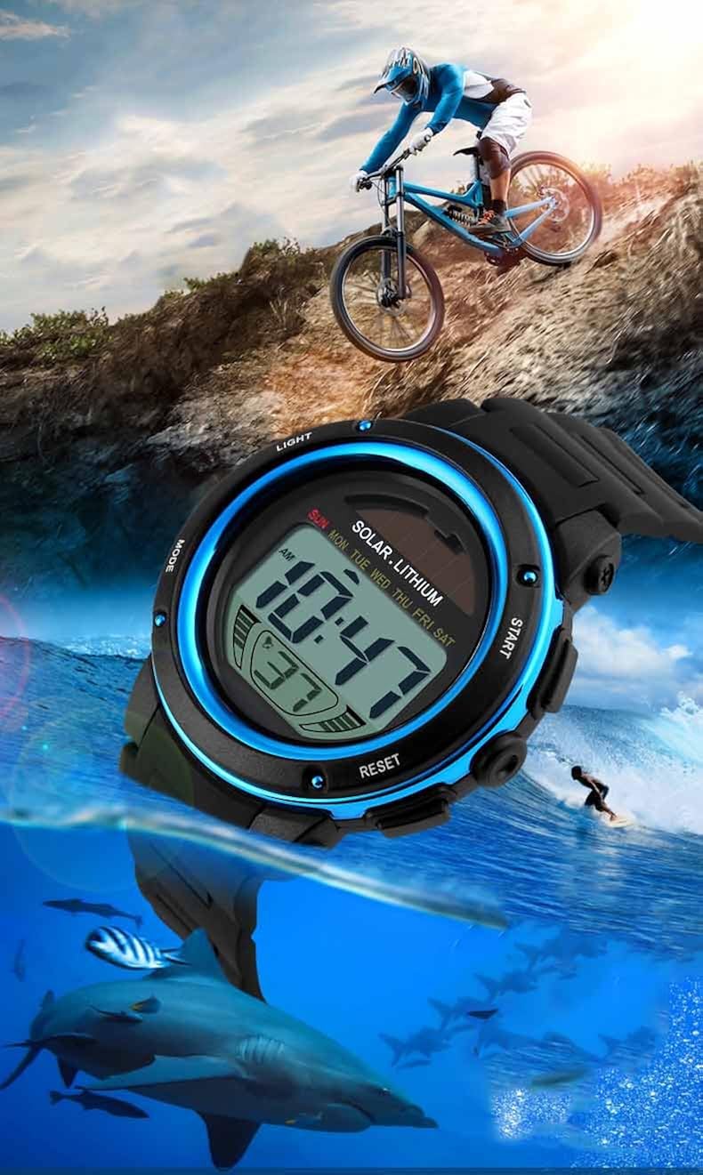 Fanmis Multi Function Alarm Stopwatch Digital LED Quartz Watch Solar Power Black Sports Watches (Blue): Watches