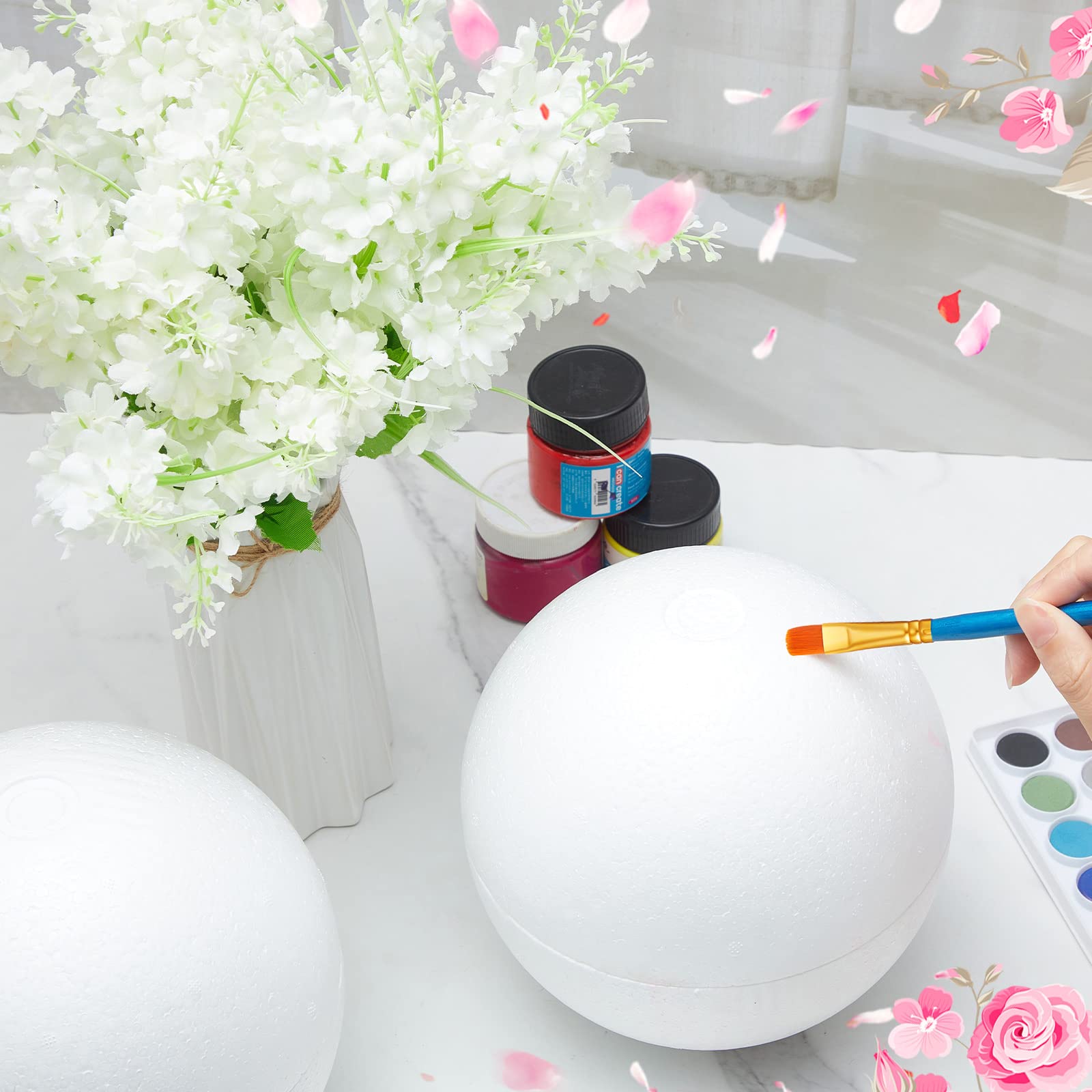 Fabbay 2 Pcs Hollow Half Foam Balls for Crafts - White Half Sphere Foam Balls with 10 Acrylic Paint Brushes Set for Kids Adults Artists Painting Supplies(10 Inch)