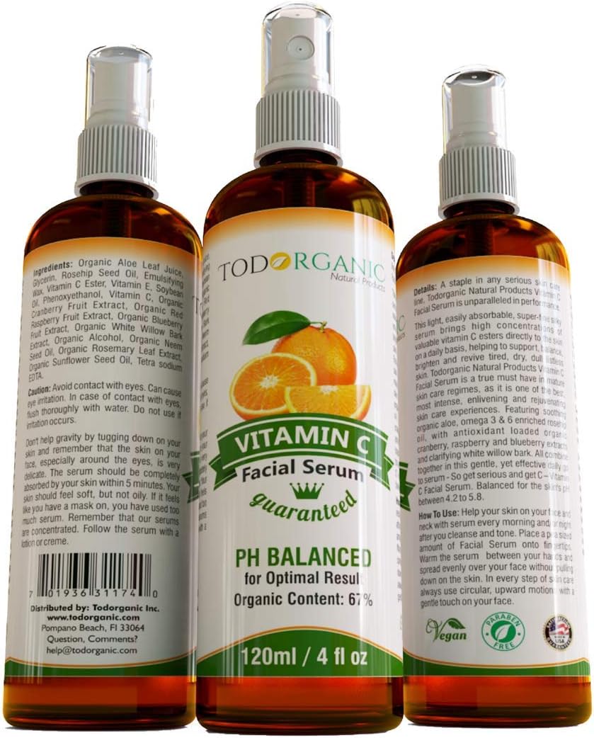 Todorganic Vitamin C Facial Serum 4 oz,Vitamin C Facial Serum , pH Balanced for Optimal Result , Organic Content: 67%