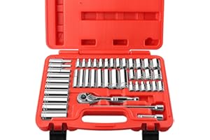 pgroup 44-Piece 1/4 Inch Drive SAE (3/16 in - 9/16 in) & Metric (4 mm - 14 mm) Socket Set, Socket Wrench Set with 90 Tooth Reversible Ratchet Wrench and Extension Bars, Chrome Vanadium Steel