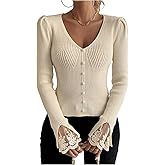 SHENHE Women's Ribbed Sweater Pullover V Neck Pearl Button Lace Cuff Fitted Dressy Sweater