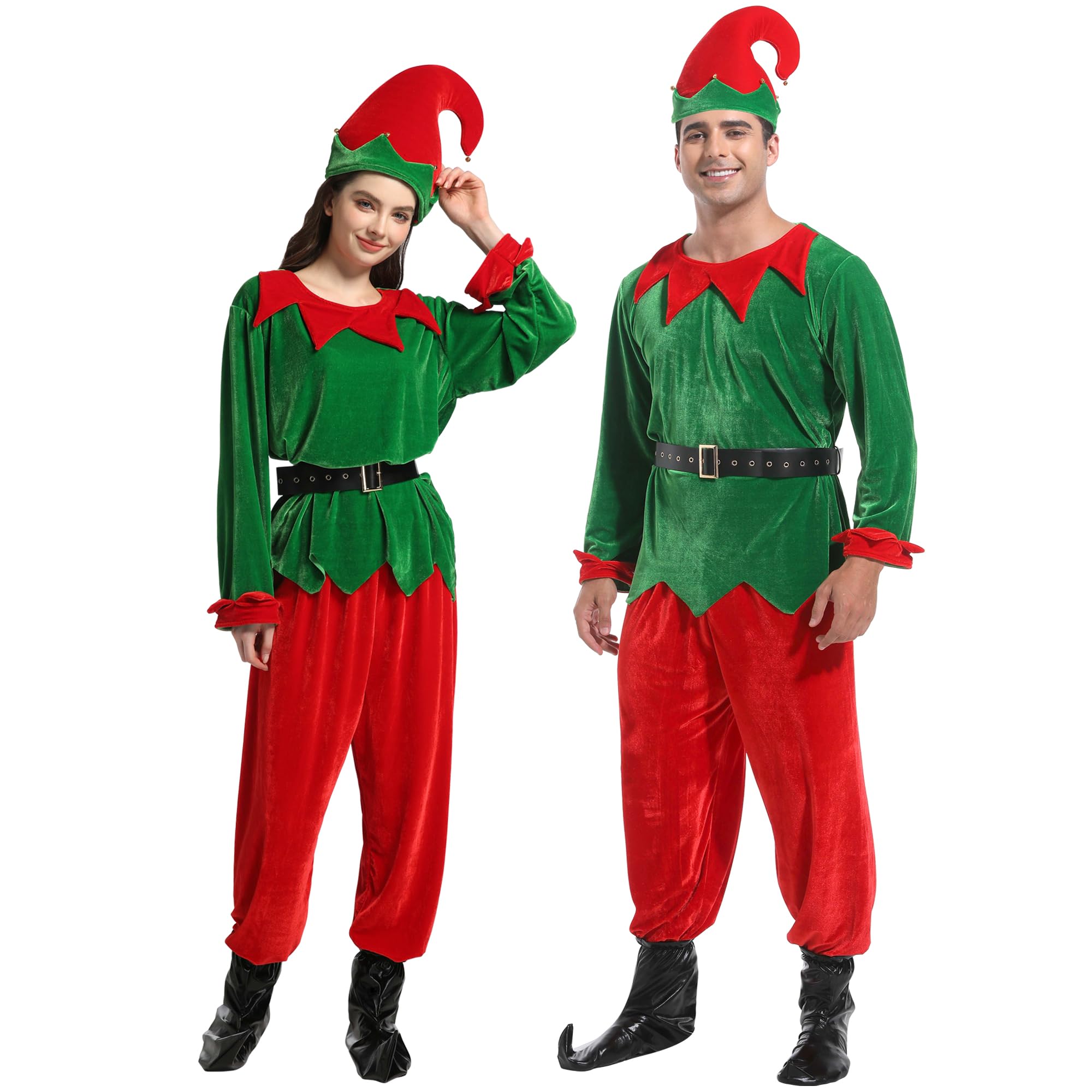 JESOHO Adult Unisex Elf Costume - Unisex Cheeky Christmas Fancy Costume includes Green top, Red Pants, belt, Red Hat, Black Elf Shoe Covers. Size:M