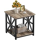GreenForest Large End Table with X-Shaped Metal Frame for Living Room | Square Side Table for Bedroom Office,2-Tier Storage Shelf Nightstand,Scratch-resistant Sofa Table,Grey Wash 24 inch