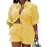 Mandonce 2 Piece Outfits for Women Long Sleeve Printed Shirt and Elastic Lace-Up Shorts with Pockets Beach Vacation Clothes