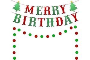DENEO Merry Birthday Banner, Red & Green Glittery Christmas Birthday Banner Christmas Happy Birthday Banner for Christmas Birthday Party Decorations, Christmas Holiday Party Decorations, Xmas Birthday Decor