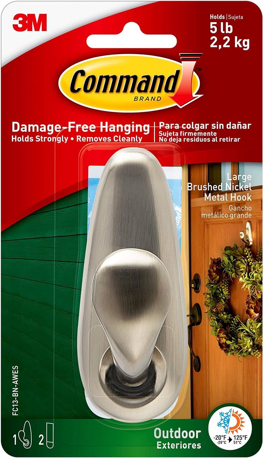 Command Outdoor Large Brushed Nickel, Metal Hook with Strips - for Hanging Outdoor Wreaths, Signs and Other Heavy Items Securely and Damage Free - Holds up to 2.2 Kg