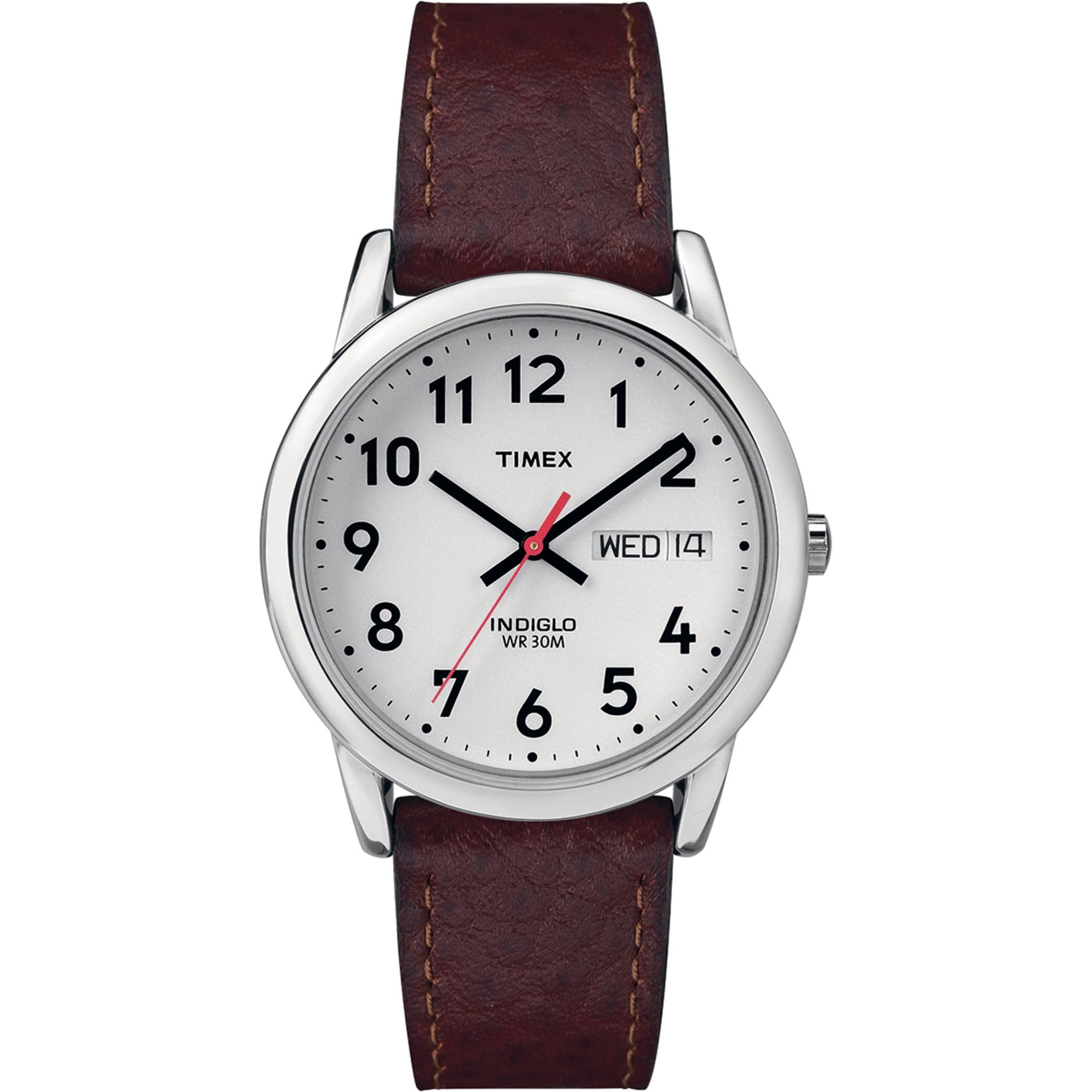 Reloj Timex Easy Reader de 35 mm con fecha y día para hombre, caja plateada, esfera blanca y correa de cuero marrón oscuro