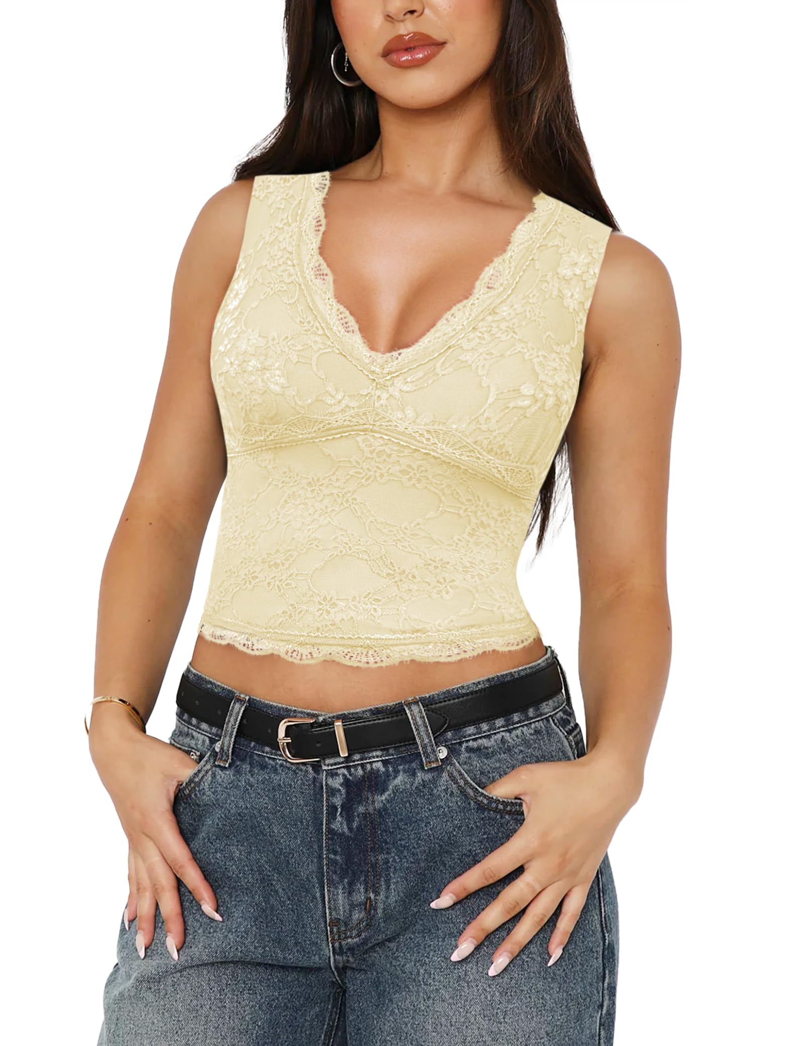Photo 1 of ***(SEE NOTES BEFORE BIDDING)***SAUNGKUAI Women's Sexy V Neck Sleeveless Tops Lace Trendy Double Lined Going Out Shirts Blouse LightYellow LARGE