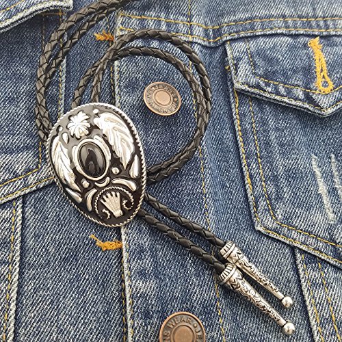 SELOVO Native American Black Stone Leaf Genuine Leather Bolo Tie Formal Accessory
