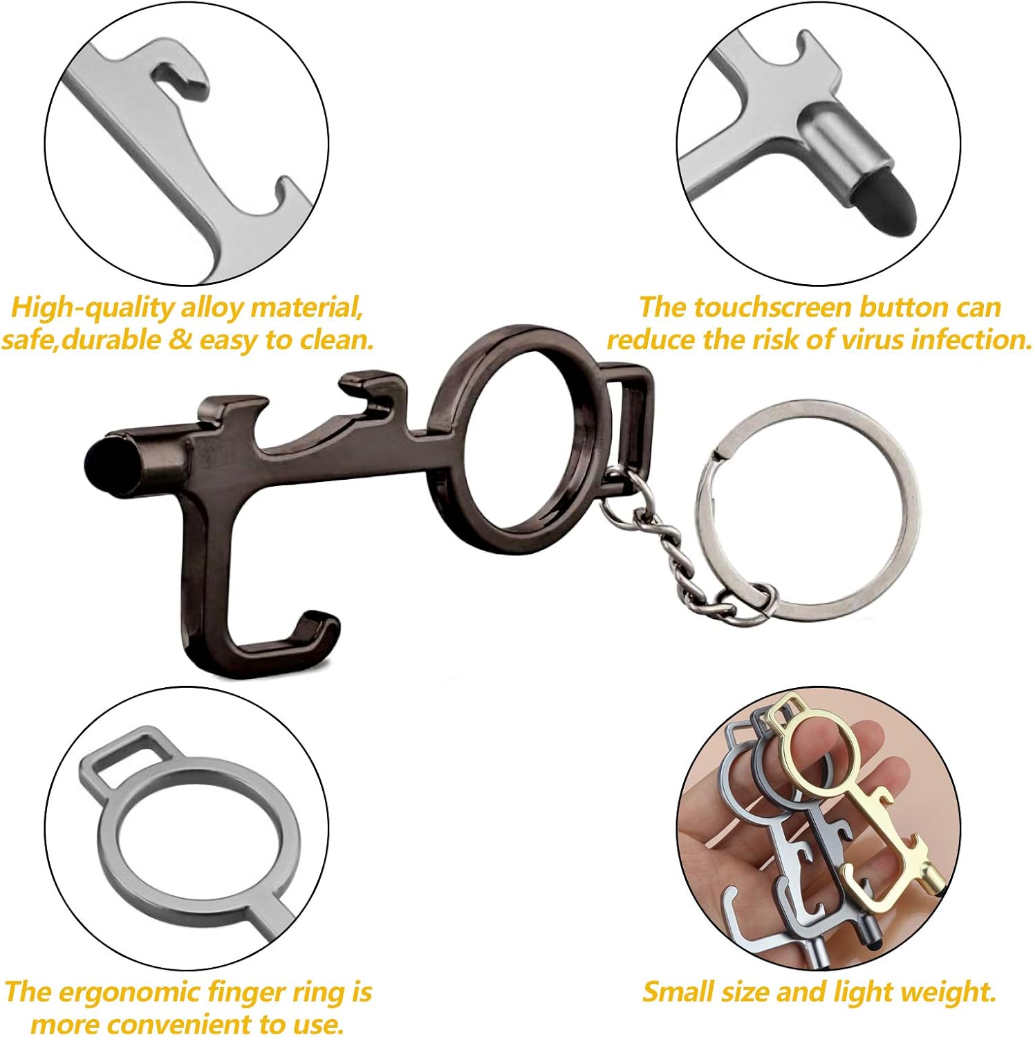 Contactless Door Closer Tool,3 PCS No Touch Hygiene Door Opener,EDC Ergonomic Hook Keychain Key Safety Tool for Public Door Handle Touchscreen Button Stylus Bottle Opener - Image 4