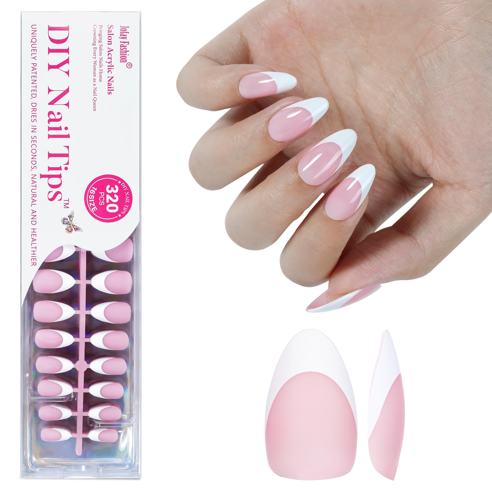 White French Tip, Jofay Fashion Press on Nails, 320Pcs Pink Medium Almond Nails, Pre-applied Tip Primer & Base Coat, Salon Fake Nails, 16 Sizes
