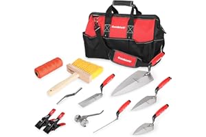 Goldblatt 12PC Masonry Hand Tool Set Organized in Tool Bag - Philadelphia/Pointing/Margin/Tuck Pointing Trowel, Skate Wheel Joint Raker, Convex Brick Jointer, String Line & Jag-clamp, Masonry Brush