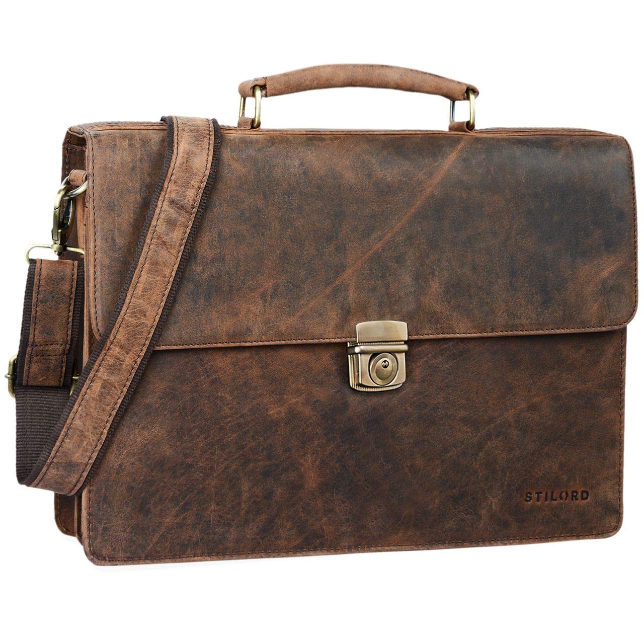 "STILORD "Robert" Leather Briefcase with 15.6 inches Laptop Compartment Portfolio Men & Women Classic Design Business Work Bag Leather Black Colour:Sepia - Brown