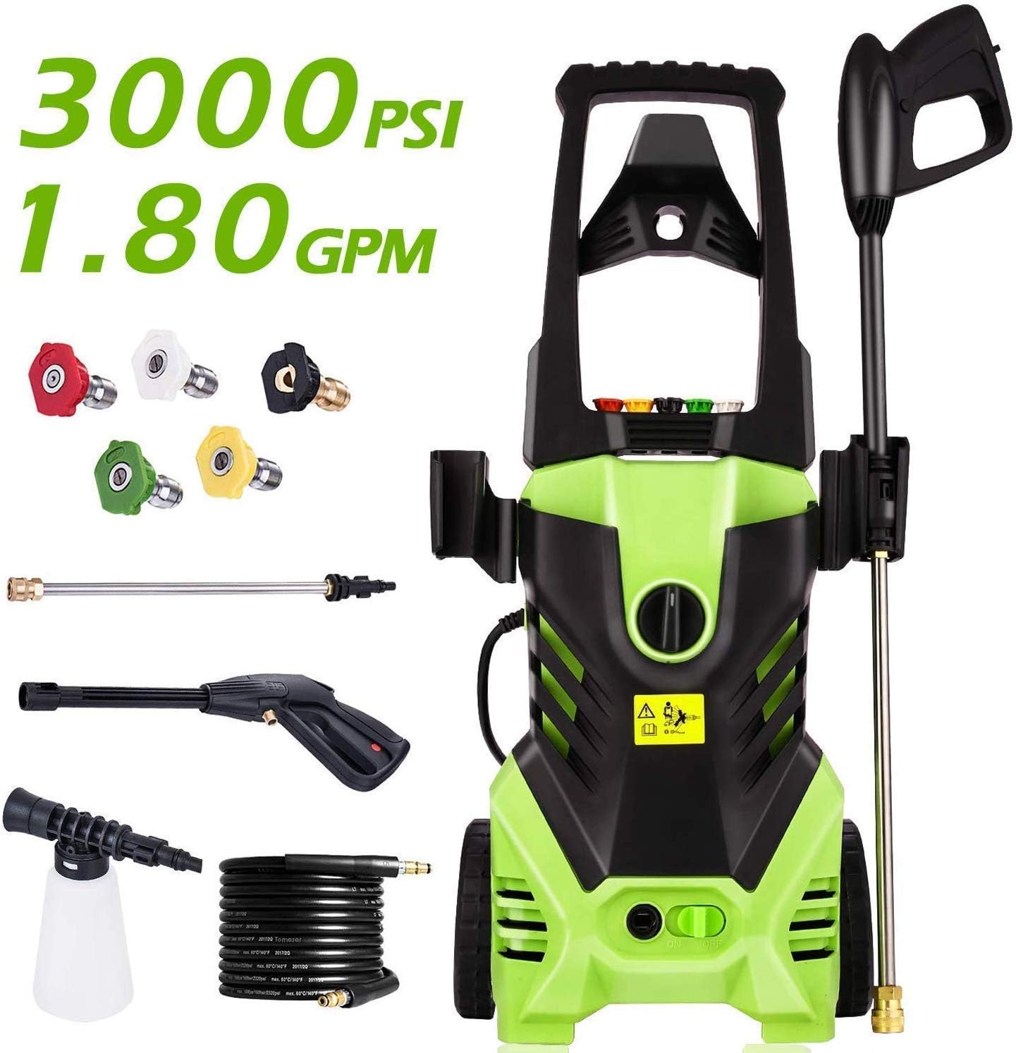 Homdox 3000 PSI Electric Pressure Washer, High Pressure Washer, Professional Washer Cleaner Machine with 4 Interchangeable Nozzles,1.80 GPM,Green 1800W
