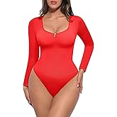 FeelinGirl Long Sleeve Shapewear Bodysuit for Women - Tummy Control Body Suits Seamless Thong Round Neck Body Shaper