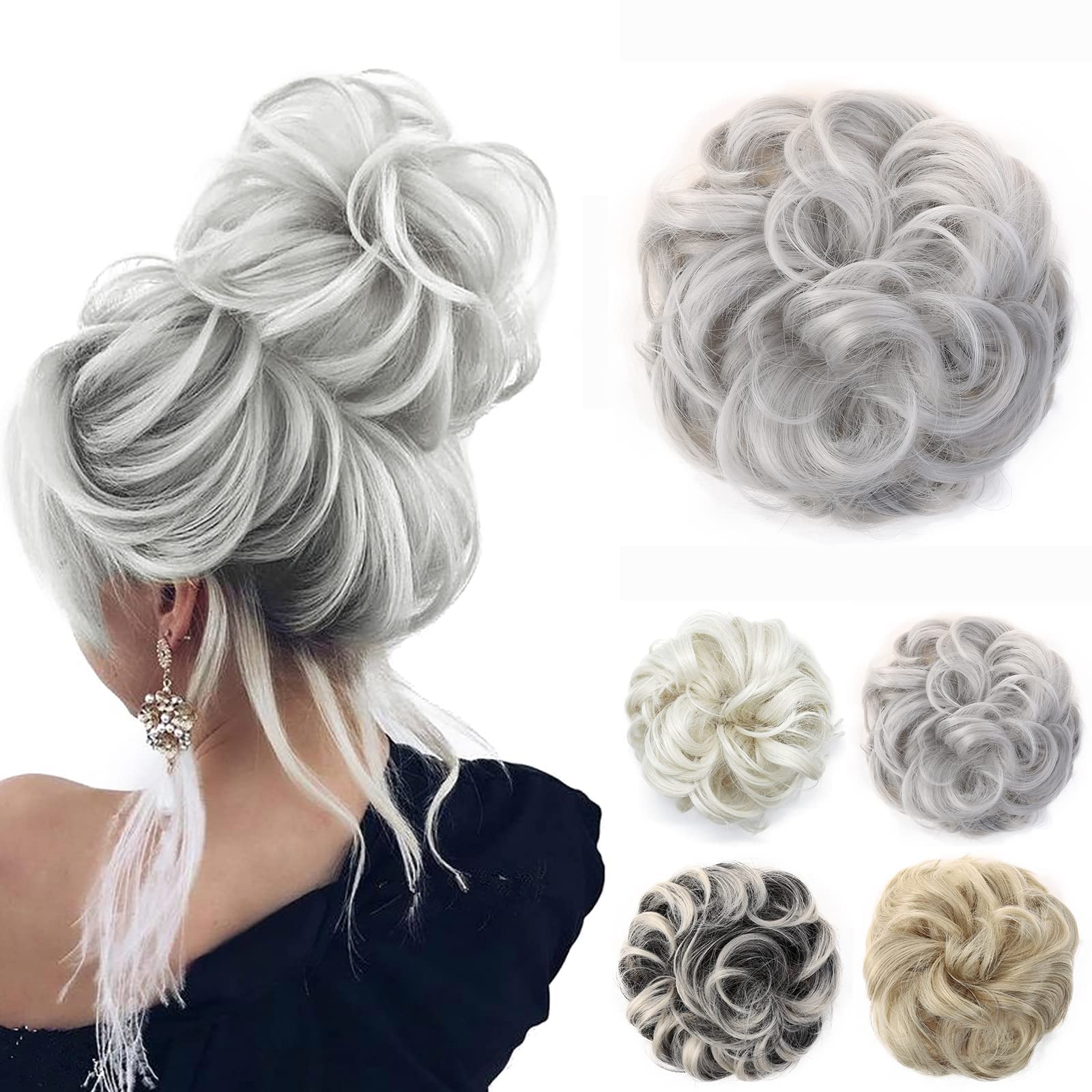 JJstar Messy Hair Bun Curly Wavy Hair Scrunchies Accessories Pieces for Women Girls Synthetic Chignons (Silver Grey)