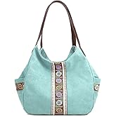 Worldlyda Women Canvas Hobo Purse Multi Pocket Tote Shopper Shoulder Bag Casual Top Handle handbag with Embroidery Ethnic