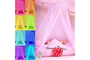 Elnsivo White Bed Canopy, Princess Canopy Bed Curtains with 18 Color Changing Star Lights Dome Bed Canopy with Lights for Girls Bedroom Twin Full Queen King Size Bed