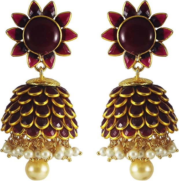 Buy FadHut Traditional Pachi Wine Colored Jhumka Earrings with Pearl