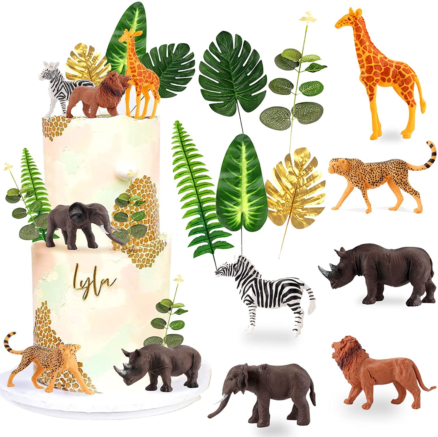 JeVenis Safari Animals Cake Decoration Jungle Animals Cake Decorations Wild One Cake Decorations Palm Leaves Cake Decoration Jungle Animals Party Supplies Safari Animals Party Supplies