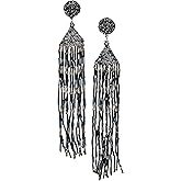SPUNKYsoul Handmade Beaded Boho Earrings, Ombre Mixed Metallic Seed Bead Long Fringe Statement Earrings, Jewelry for the Modern Bohemian Women (BLACK & SILVER)