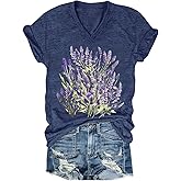 Womens V-Neck T-Shirt Flower Graphic Tees Summer Fashion Boho Tops Tshirts Loose Casual Wildflower Beach T Shirts