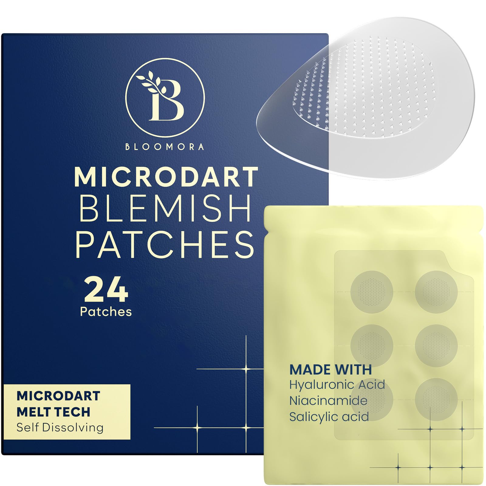 BLOOMORA Microdart Pimple Patch, Cystic Acne Treatment, Spot Patches Salicylic Acid & Hyaluronic Acid, Pimple Patches Microneedle Technology - Early Stage Acne Patch (24 Count)