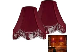 GO&SO Set of 2 Burgundy Silk Scalloped Lamp Shade, Petal Edge Braid with Burgundy Fringe Trim, 6"x13"x10.6"(Spider), Victorian Bell Lamp Shades, Replacement Shades for Table,Floor Lamps, Easy Assembly