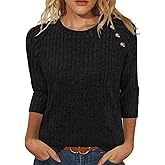 XMTOPYE Womens Sweaters Fall Fashion 3/4 Length Sleeve Tops Crew Neck Button Shirts Casual Pullover Cute Winter Clothes