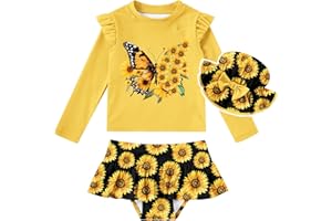 Cutemile Little Girls Rash Guard Set 3 Piece Swimsuit with Hat UPF 50+ Long Sleeve Swimwear 1-6 Years