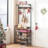 HOOBRO Coat Stand with Shoe Storage Industrial Hall Tree 5 Hooks Rustic Brown view 2