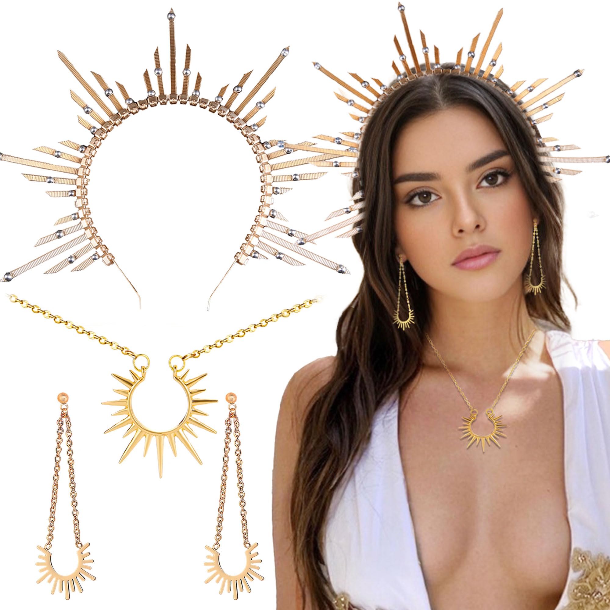 JeVenis 4pcs Halo Crown Baroque Costume Headwear Sun Goddess Tiara and Crown Sunburst Headband Cosplay Wedding Festival Headpiece