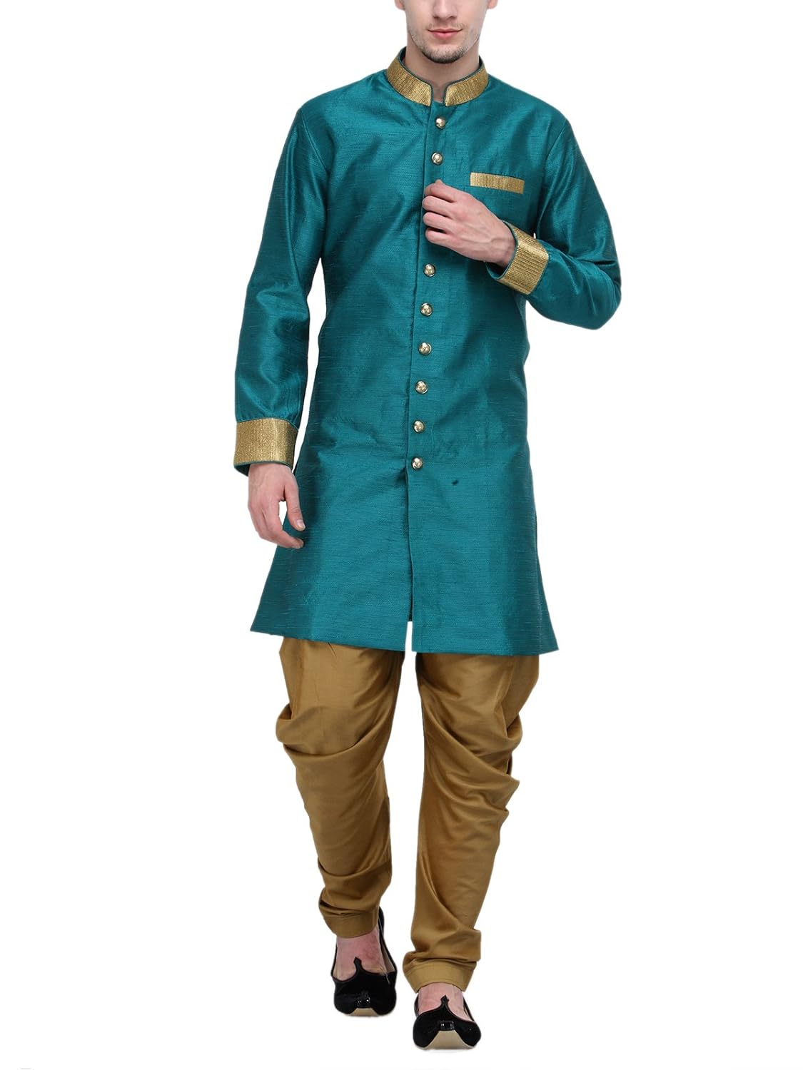 rg designers rama and gold plain sherwani for men