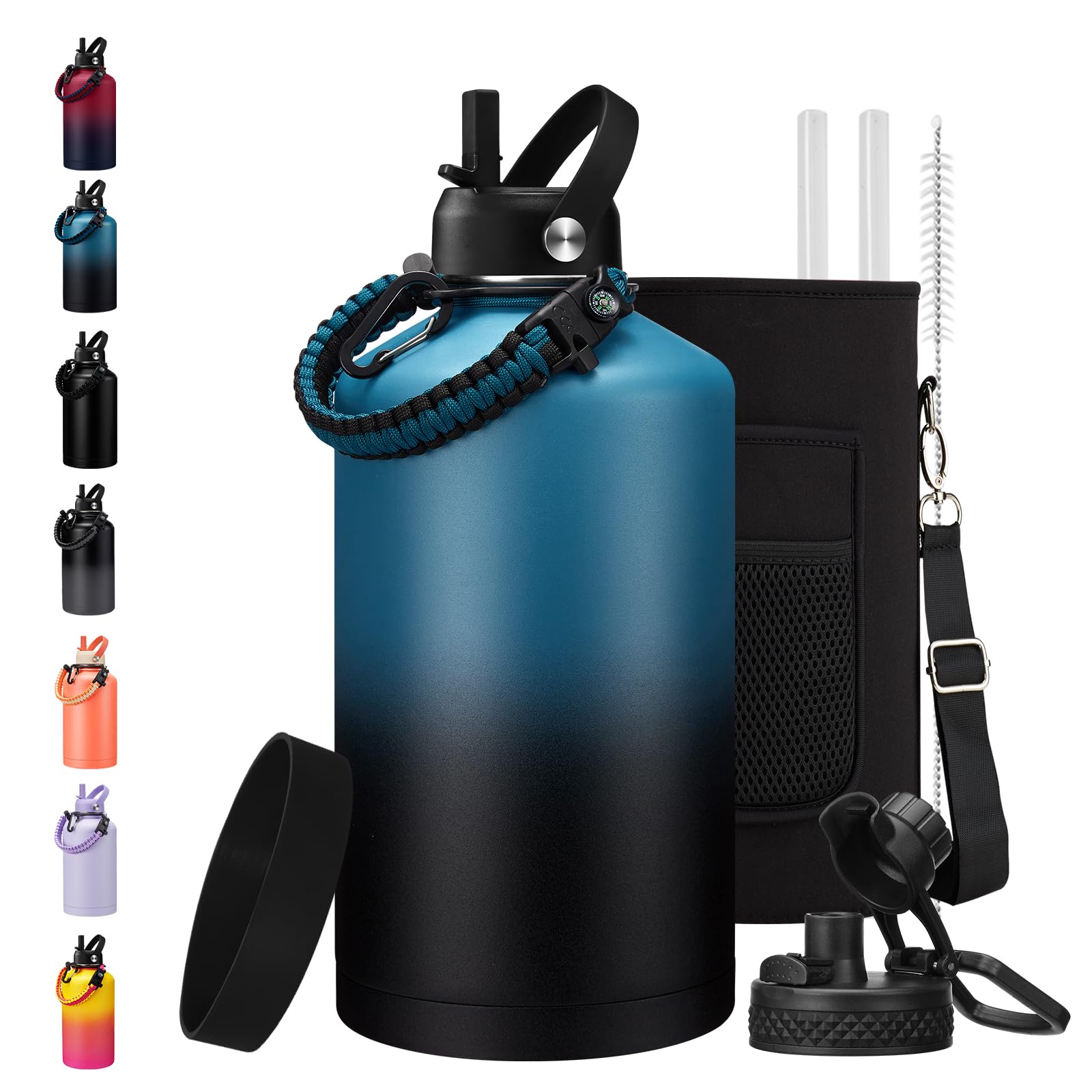Photo 1 of 128 oz Insulated Water Bottle with Carrier Bag, 1 Gallon Metal Water Jug Keep Cold-48H Hot-24H, Giant Water Jug with Straw Lid & Spout Lid, Paracord Handle, Gallon Water Canteen for Work