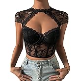 Floerns Women's Lace Bustier Corset Tops Cap Sleeve Cut Out Keyhole Neck Tee Shirts