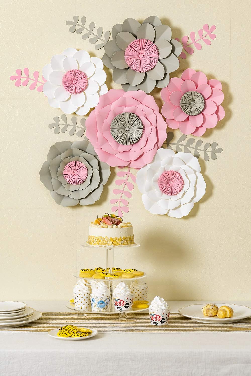 Amazon Com 3d Paper Flower Decorations Giant Paper Flowers Large Handcrafted Paper Flowers Pink White Gray Set Of 6 For Wedding Backdrop Bridal Shower Wedding Centerpieces Nursery Wall Decor Kitchen Dining