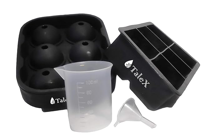 Talex Silicone Ice Cube Trays and a Sphere Ice Maker with Lid. The Big Ice Cube Mold with Measuring Cup and Funnel, Best for Whiskey, Cocktail, Liquor, etc.(2pc/Pack)