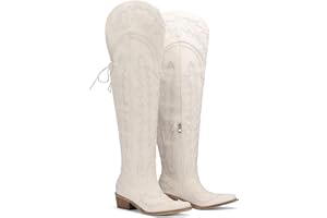 Krypthixor Thigh High Cowboy Boots With Lace Up Over The Knee Cowgirl Boot For Women Embroidered Western Boot With Side Zipper Comfortable Chunky Heel Wide Calf Tall Boots