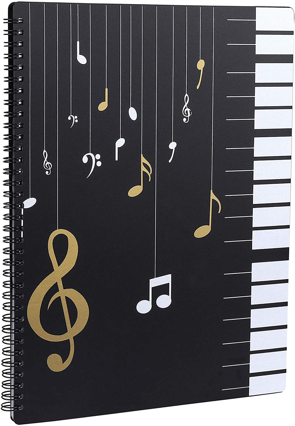 DELFINO Music Sheet Folder Song File, Clef Paper Storage Documents Holder Bag, Blank Plastic Concert Choral Folder A4 30 Pockets for Musicians and Band, Writable and 180-degree Spiral-Bound