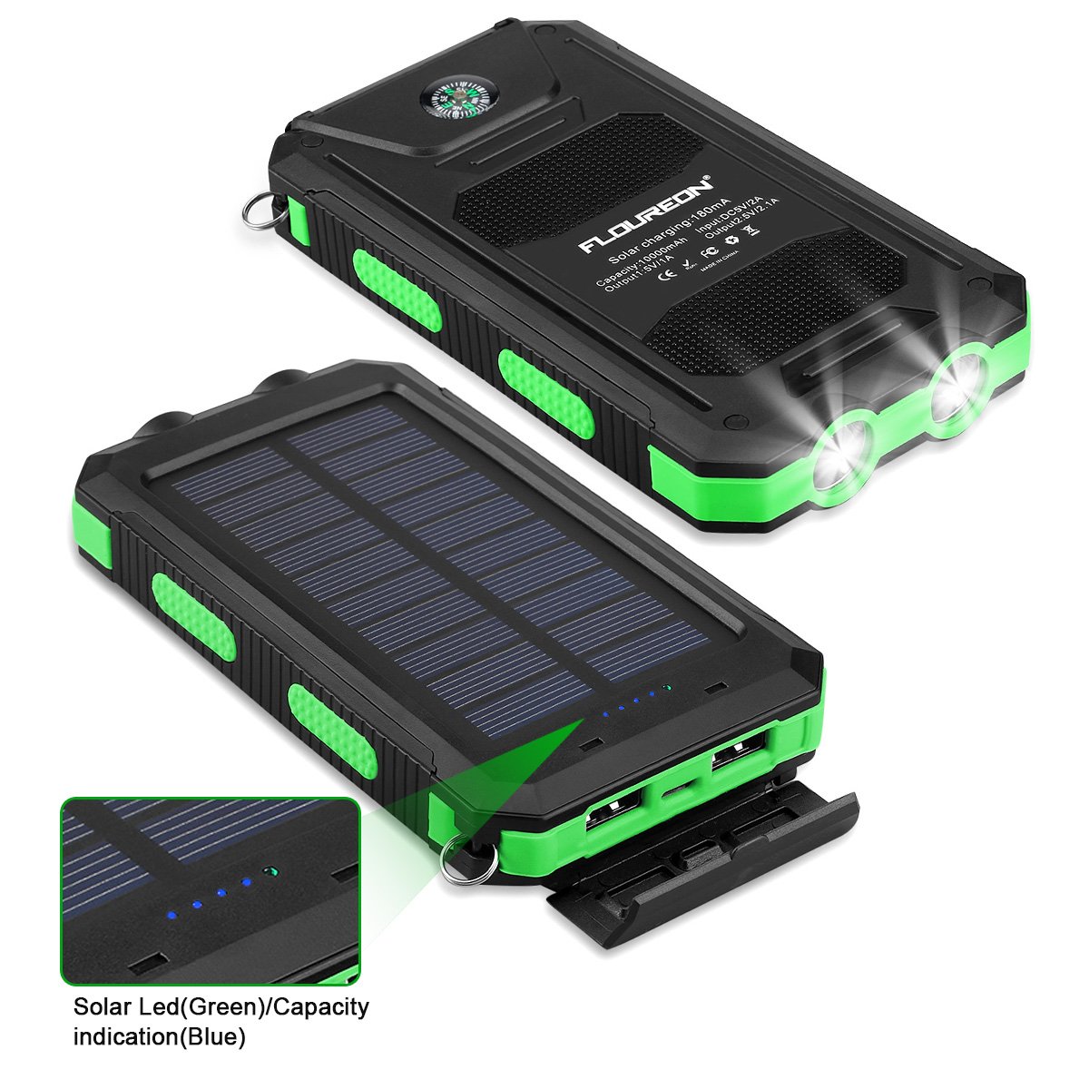 FLOUREON 10,000mAh Solar Charger Power Bank Portable Solar Powered Phone Charger with Dual LED Flashlight Super Bright External Battery Charger with Dual 1.0A/2.1A for iPhone 8/ 8 Plus/ X/ 7/ 6s, Samsung Galaxy S8/ S7/ S6 and More (Green)