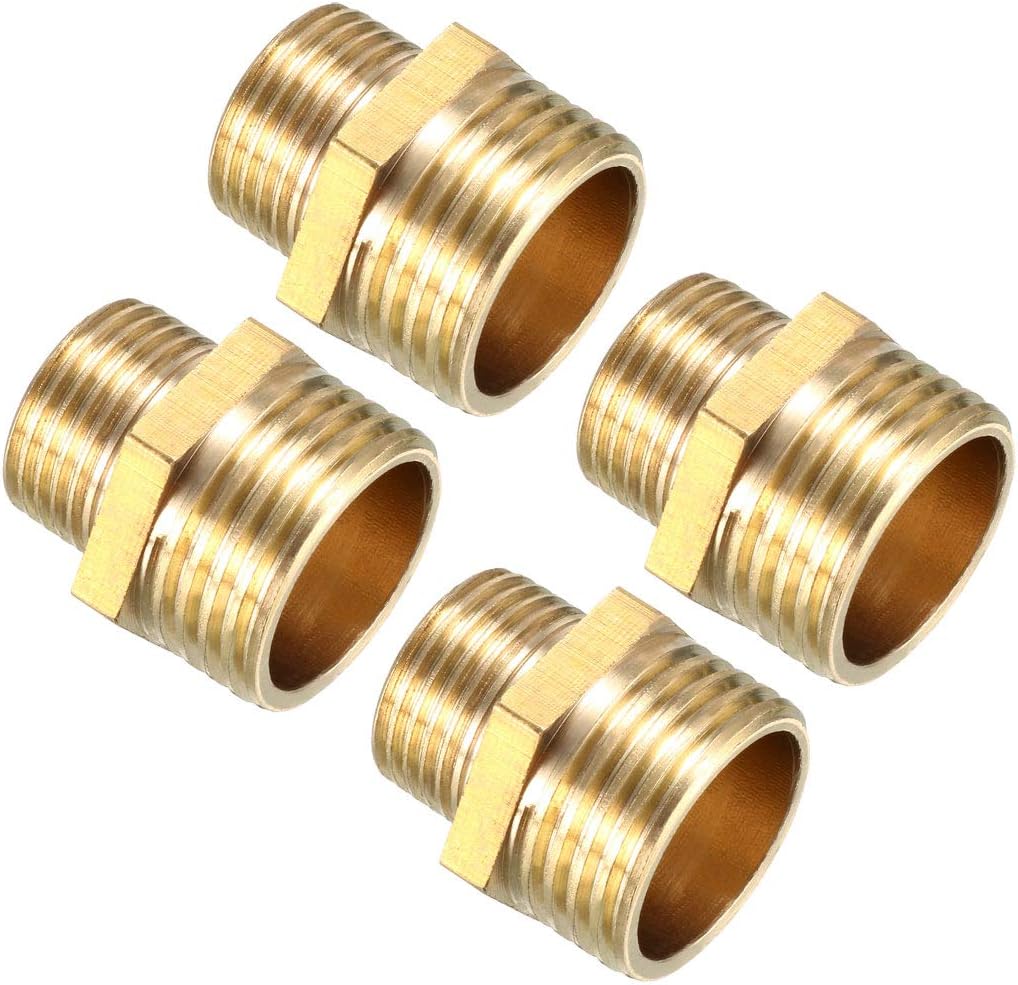 sourcing map Brass Pipe Fitting Reducing Hex Nipple 1/2 BSP Male X 3/8 PT Male Adapter 4pcs, Gold, G1/2 Male x 3/8 PT Male, 4pcs